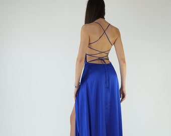 Silk dress with train •Silk Maxi Dress • Blue Silk Gown • Open Back Silk Nightgown • Elegant Halter Dress • Boho Dress • Evening Gala Dress