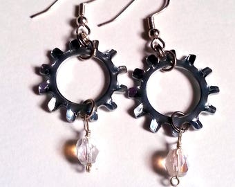 Silver and Glass Gear Industrial Steampunk Dangle Earrings