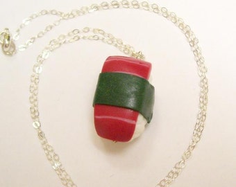 Polymer Clay Tuna Nigiri w Sterling Silver Necklace miniature kitschy food jewelry