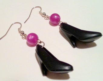 Pearly Pretties Barbie Shoe Earrings in Black and Purple Vintage Doll High Heels