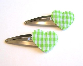 Green Gingham Heart Barrettes