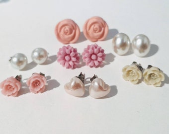 Femme Flower and Pearl Earring Assortment 7 pairs hypoallergenic pink and white