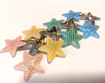 Set of 4 Pairs of Iridescent Star Barrettes Yellow Orange Green Blue mermaid fairy new wave