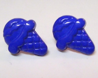 Blue Ice Cream Cone Post Earrings Plastic Kitschy Buttons