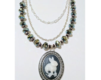 Navy Blue Bunny Cameo on Silver Multiple Chain Necklace with Iridescent Green Beads