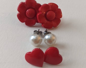 I love Lucy 50s housewife inspired earring trio red floral pearl