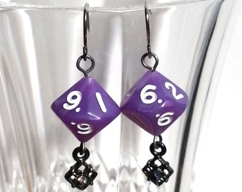 Lavendar Pearl D10 Gunmetal Silver Earrings with Iridescent Glass Crystal Drop for Classy Femme D&D Gamers