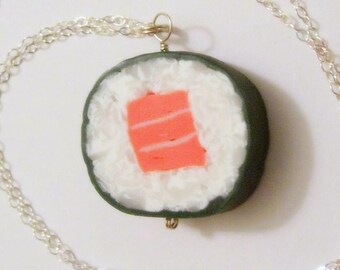 Sterling Salmon Roll Necklace Polymer Clay Sushi Miniature Food