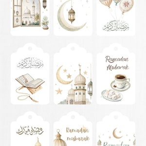 May include: Watercolor Ramadan Mubarak gift tags with various illustrations including mosques, lanterns, crescents, and balloons. Each tag features Arabic calligraphy and English text, perfect for festive occasions.