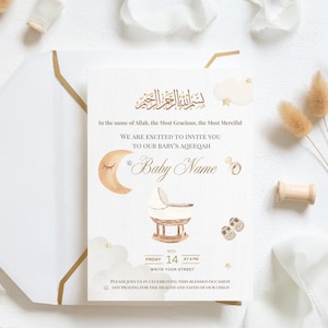 Editable Aqeeqah Invitation: Muslim Baby Birth Announcement (Canva Template)
