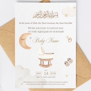 Invitación de Aqiqah, Anuncio de nacimiento de bebé musulmán, Invitación islámica de Aqiqa, Anuncio de nacimiento de bebé unisex editable, Plantilla de Canva