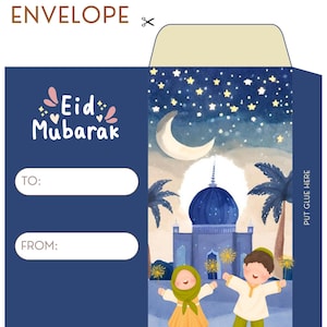 Puede incluir: Un sobre imprimible de Eid Mubarak con un fondo azul y una ilustración colorida de una mezquita, una luna creciente y dos niños que sostienen bengalas. El sobre tiene un espacio para "Para:" y "De:" e instrucciones para cortar, doblar y pegar.