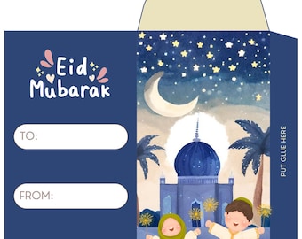 May include: A printable Eid Mubarak envelope with a blue background and a colorful illustration of a mosque, a crescent moon, and two children holding sparklers. The envelope has a space for "To:" and "From:" and instructions for cutting, folding, and gluing.