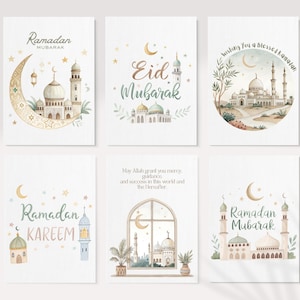 May include: Set of six watercolor greeting cards with Islamic themes. Each card features illustrations of mosques, crescents, and stars, with text such as "Ramadan Mubarak" and "Eid Mubarak" in elegant calligraphy. The cards have a soft, pastel color palette.