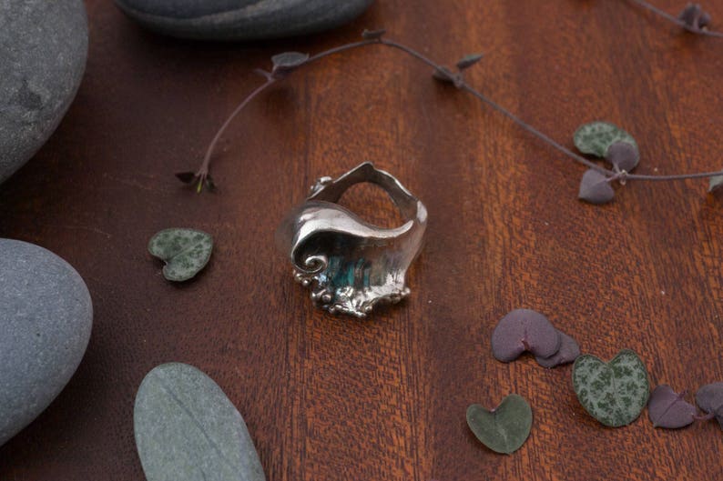 captured in sterling silver Breaking wave ring dramatic surf crashing on a shore