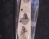 Personalized Scrimshaw Rigging knife with Hula Dancer, Ship and Compass Rose