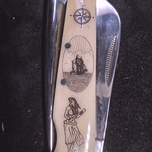 Personalized Scrimshaw Rigging knife with Hula Dancer, Ship and Compass Rose