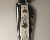 Personalized Scrimshaw Rigging knife with Cork, Ireland Lighthouse, Ship and Compass Rose