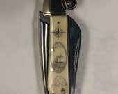 Scrimshaw Rigging knife with Cape Neddick Lighthouse, Ship and Compass Rose