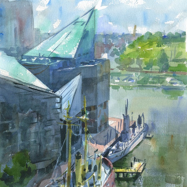 Baltimore Inner Harbor and Aquarium, watercolor plein air painting, print in multiple sizes