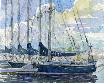 Annapolis Naval Academy sailboats, watercolor plein air painting, print in multiple sizes