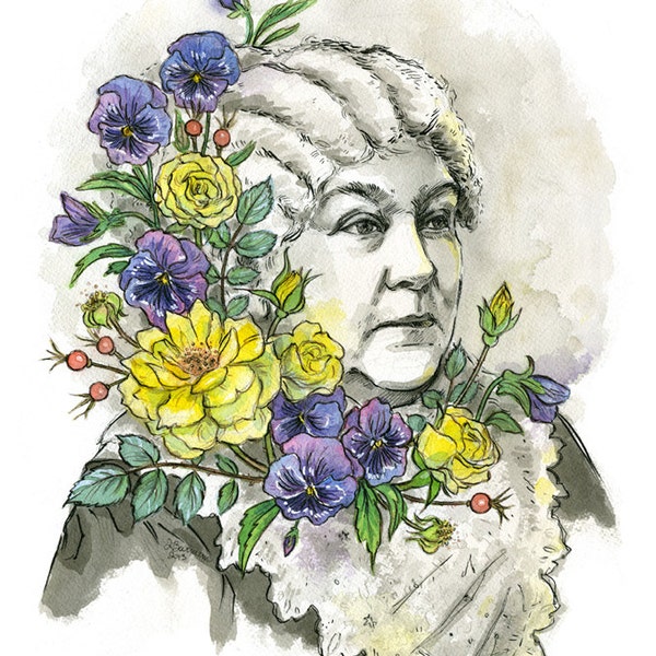 Elizabeth Cady Stanton with yellow roses and purple pansies, suffragette and freethinker - illustration print in multiple sizes