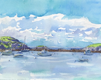 Monhegan Island, Maine, Manana vista desde Fish Beach, pintura al aire plein de acuarela, impresión en múltiples tamaños