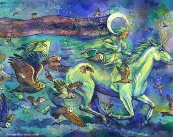 Unicorn of the Moon fantasy illustration print in multiple sizes