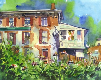 Old Ellicott City, Maryland paisaje en acuarela- impresión y opciones de pintura originales