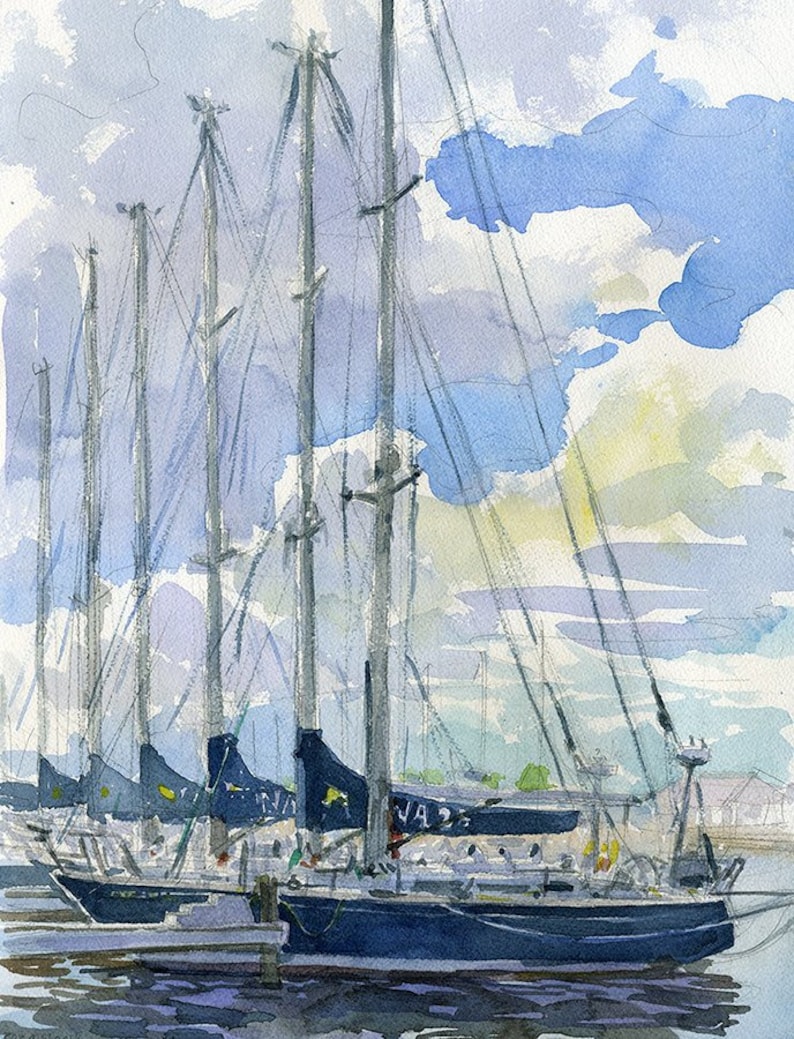 Annapolis Naval Academy sailboats, watercolor plein air painting, print in multiple sizes image 1