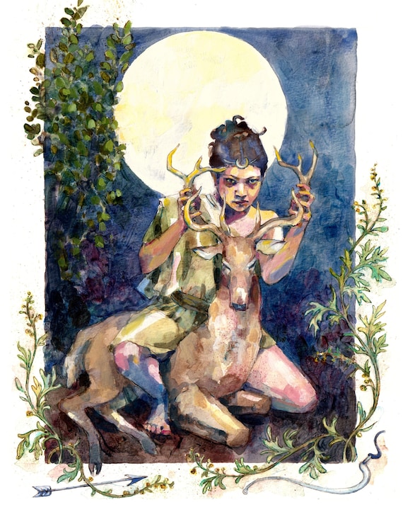 Artemis Griechische Gottin Und Hirsch Illustration Druck In Etsy