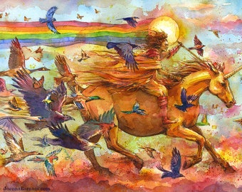 Unicorn of the Sun fantasy illustration print in multiple sizes rainbow birds