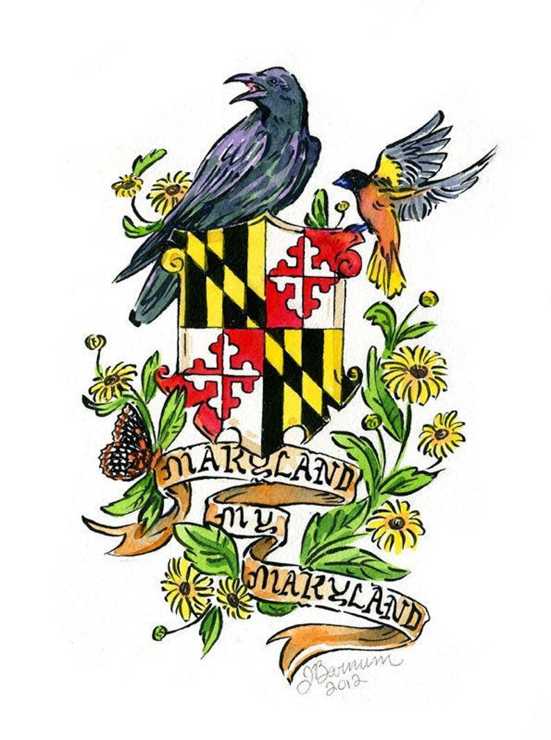 Maryland My Maryland with flag, raven and oriole crest design, Maryland series illustration print in multiple sizes image 1