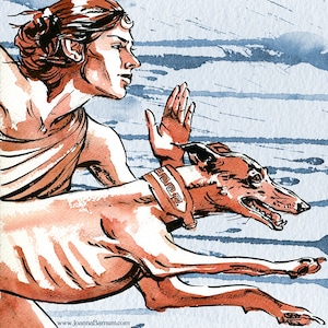 Artemis Greek goddess and running greyhound illustration print in multiple sizes