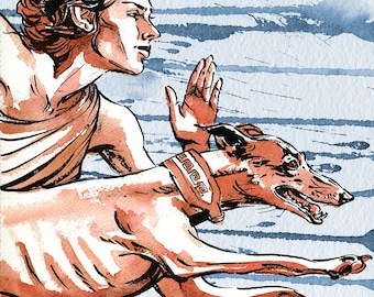 Artemis Greek goddess and running greyhound illustration print in multiple sizes