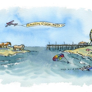 Ocean City Maryland Assateague Island illustration watercolor print in multiple sizes