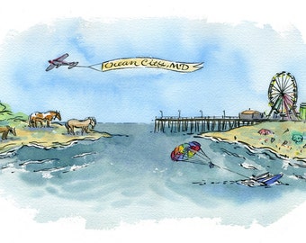 Ocean City Maryland Assateague Island ilustración acuarela impresión en múltiples tamaños