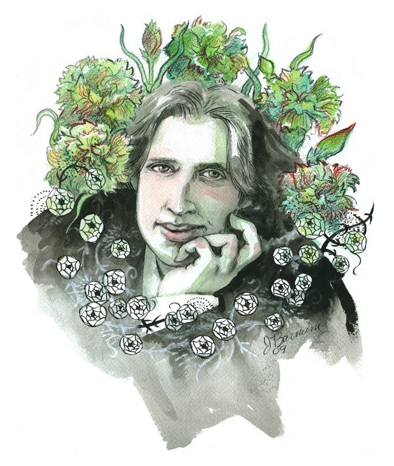 Oscar Wilde author portrait green carnations illustration Etsy
