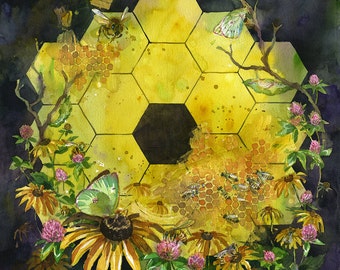 NASA James Webb Space Telescope "Icon: Metaphor" watercolor art print in multiple sizes. JWST with butterflies, bees, black eyed susans