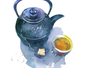 Teapot and Tea watercolor art food print in multiple sizes