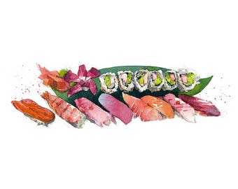 Impresión de alimentos de arte de acuarela de sushi en varios tamaños