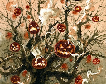 Lantern Light- Halloween Pumpkin Tree Art Print