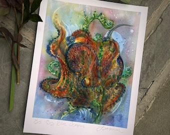 Big Blue Octopus Study - Animal Watercolor Art Print