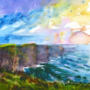 Cliffs of Moher Ireland art watercolor print set, panorama view, open edition