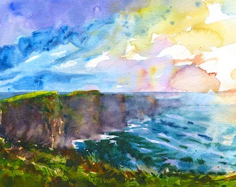 Acantilados de Moher Irlanda arte acuarela juego de impresión, vista panorámica, edición abierta