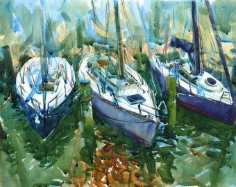 Annapolis, Maryland Sailboats landscape in watercolor- print in multiple sizes