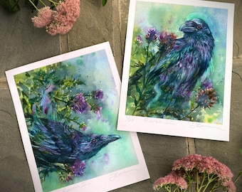 Raven and flowers watercolor art prints