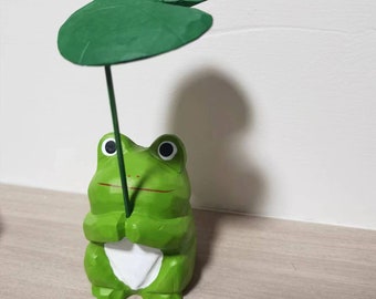 Handmade Wooden Figurine, Frog Holding A Leaf as Umbrella, Cute Desk Decor, Gift for Her, Gift for Children