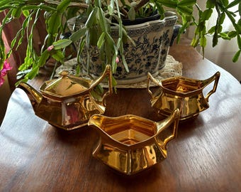 Juego de té antiguo de Limoges dorado sobre porcelana de 3 piezas T&V Limoges Francia