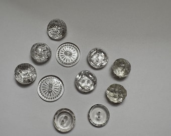 Botones de vidrio transparente vintage, lote de 11